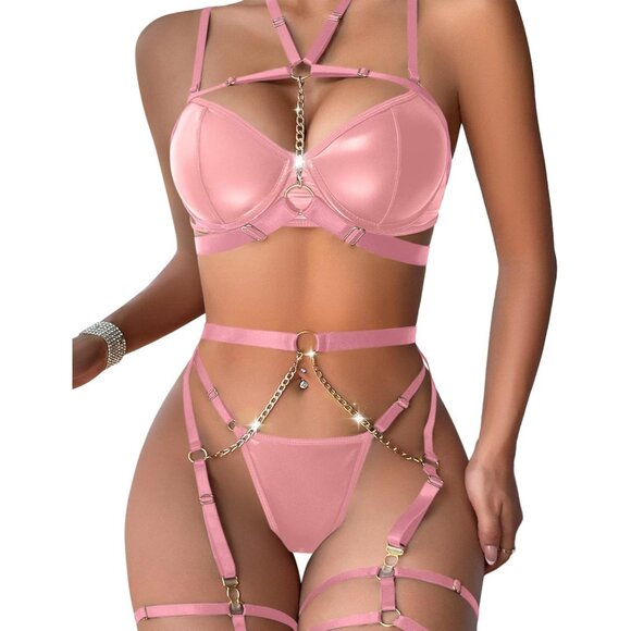 🆕Women Pink Sexy Pu Leather Strappy Underwire Garter Belt Lingerie Set